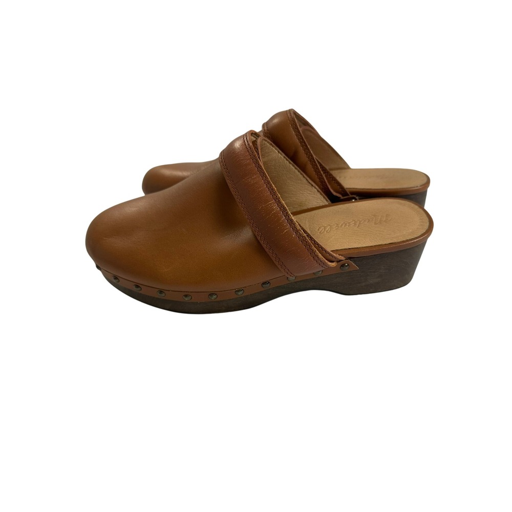 Madewell Leather Clogs Women 6.5 Brown Good Studded Wooden Platform Mules NG681